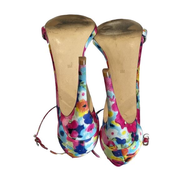 Steve Madden Stecy Floral Satin/Leather Strappy Heels Women's 8M 3.5" Tropical - Picture 5 of 8
